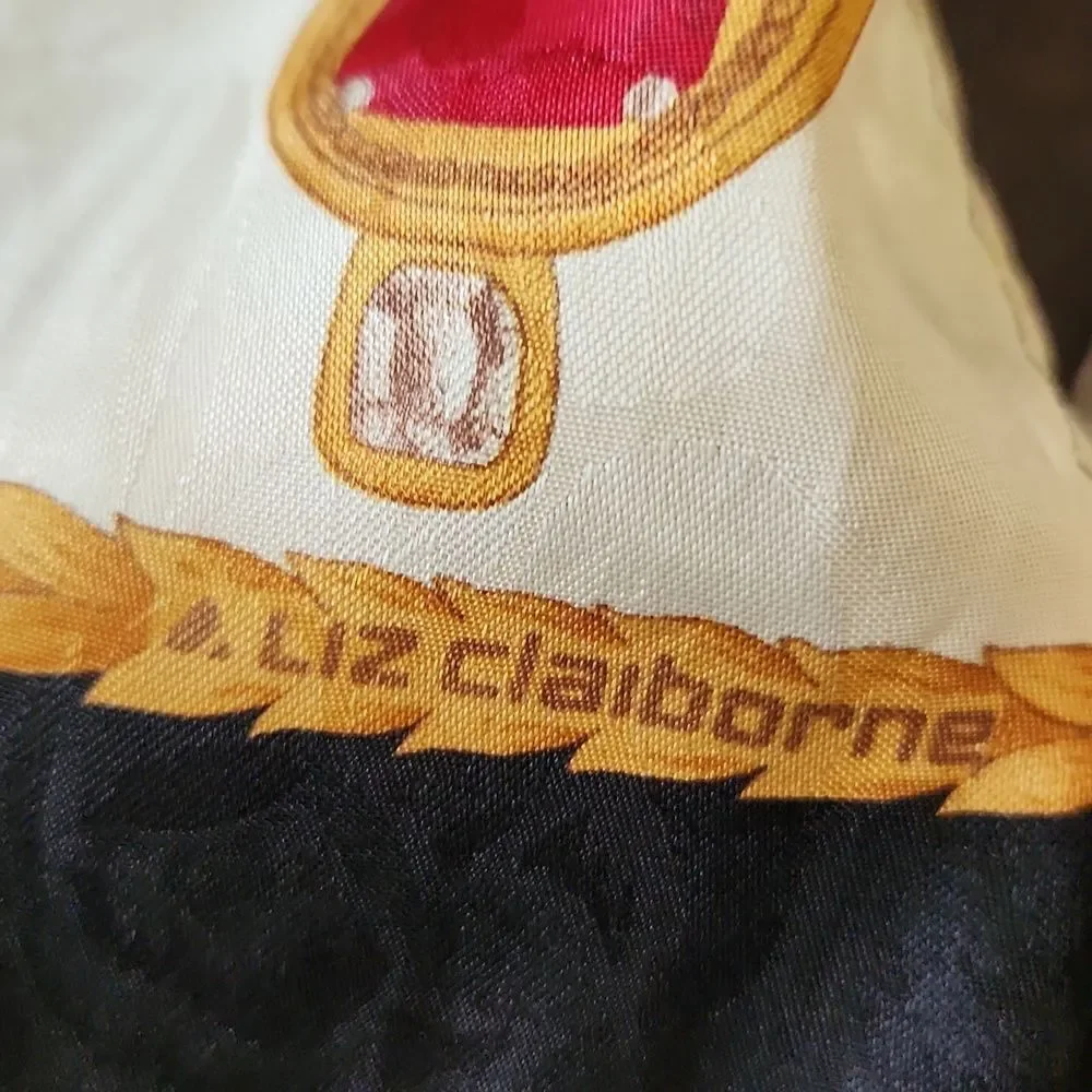 Liz Claiborne Black Scarf with Gold and Red Details Vintage Silky Scarf